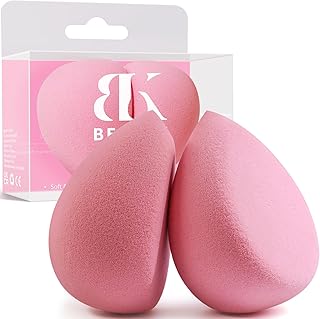 BEAKEY Flat Duo Patented Makeup Sponge Set of 2, Latex Free Pink Beauty Sponge for Foundation and Powder Application, Soft Blending Sponge, Large Flat Design, BeautyTools for Makeup Lovers