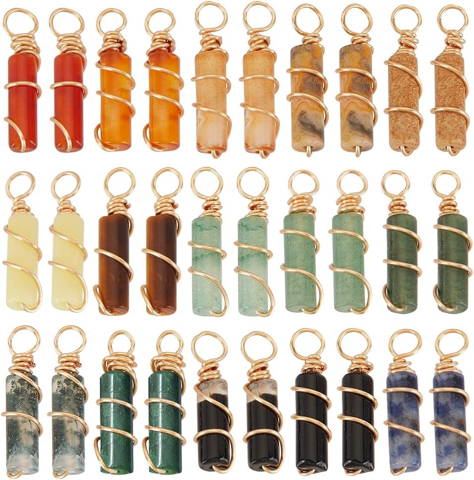 PH PandaHall 30Pcs Natural Stone Pendants 15 Styles Column Crystal Pendant Quartz Gemstone Charm Gemstone Pendants Copper Wire Wrap Charms for Necklace Jewelry Making Gift Wedding Birthday, 21mm