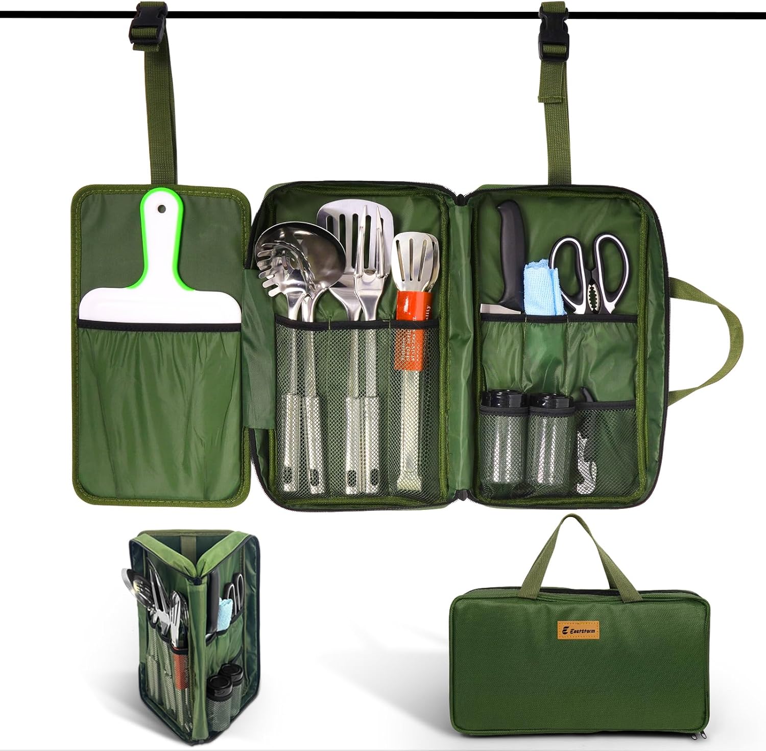 E EASTSTORM Camping Accessories Kitchen Utensil Set,12 Pcs Organizer Travel Kit with Multifunctional Cutlery,Stainless Steel Spoon Spatula,Tongs,Waterproof Storage Bag,Equipment