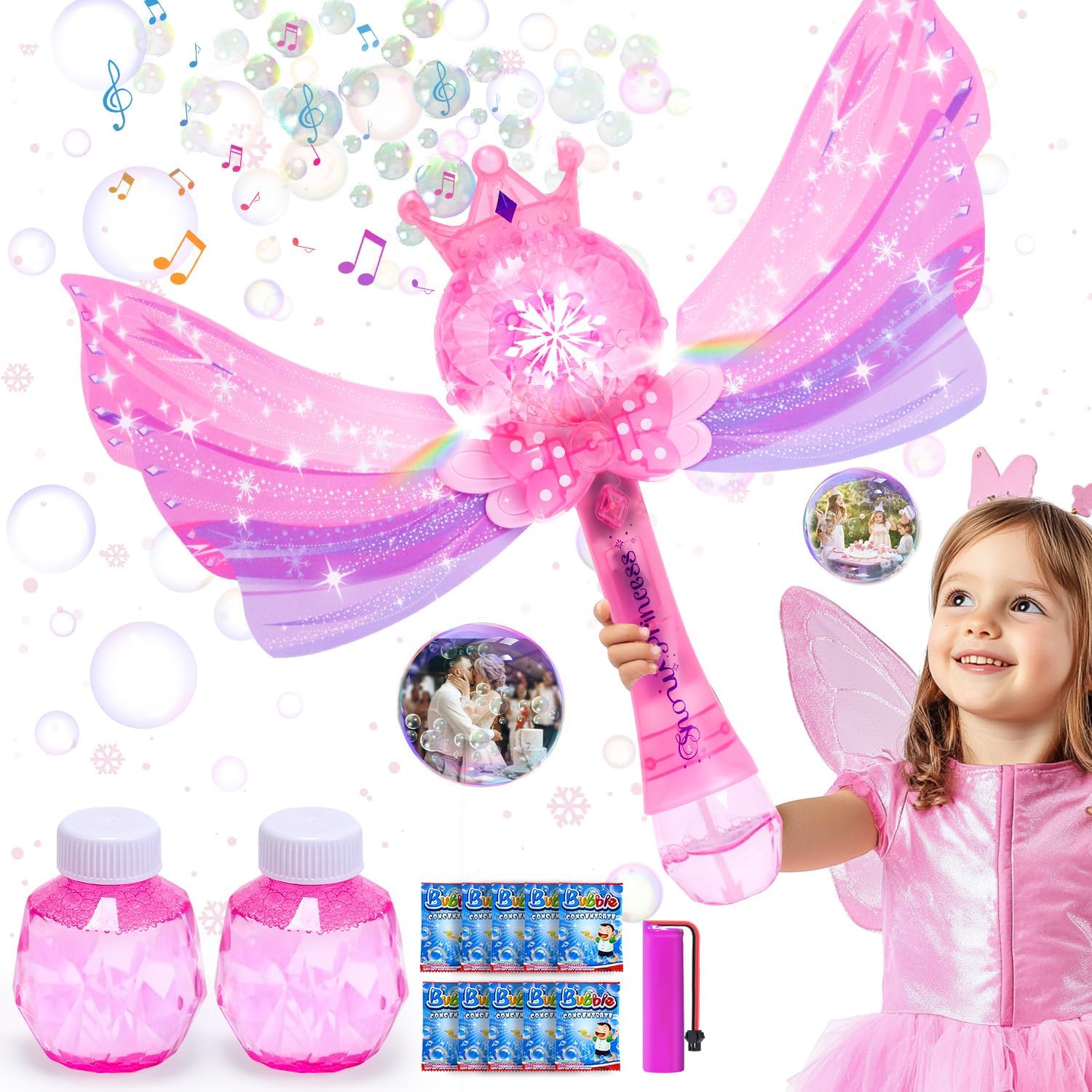 EagleStone Princess Bubble Wands for Kids, Bubble Machine for Toddlers, LED Light & Music Bubble Toys with 1 Li-ion Battery, Outdoor Easter Birthday Toys for Toddlers, 3 4 5 6 7 8 Year Old Girl Gifts