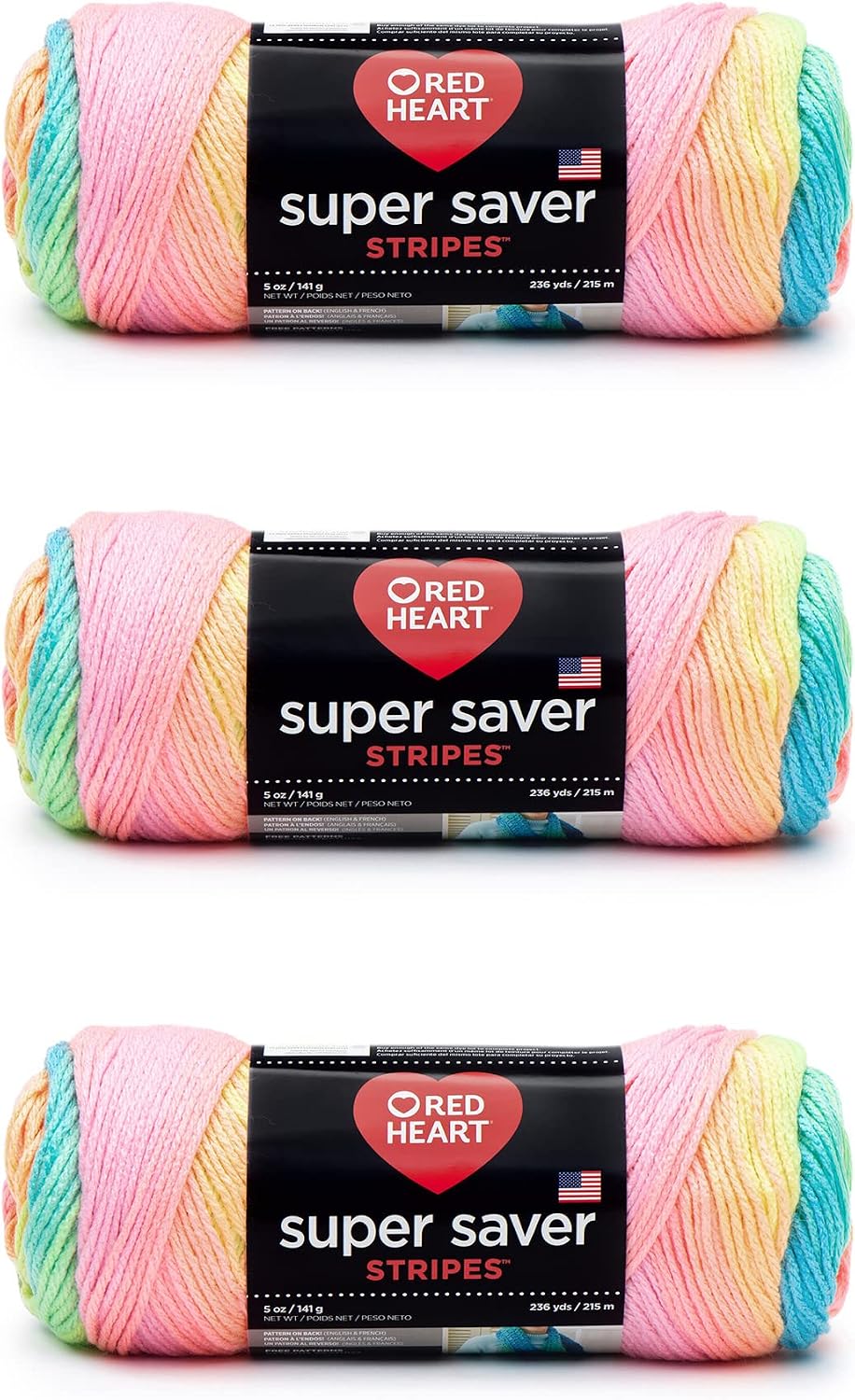 Red Heart Super Saver Yarn, 3 Pack, Retro Stripe 3 Count
