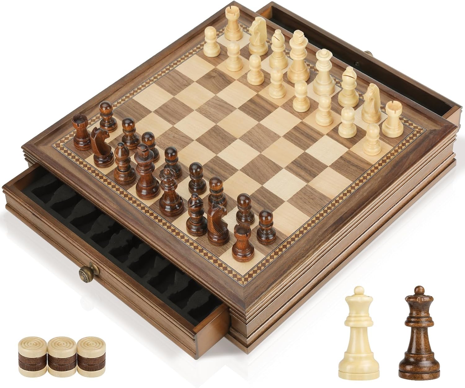 Peradix Magnetic Chess Checkers Board Sets with 2 Built-in Storage Drawers,12.8" Classic 2 in 1 Wooden Games with 2 Extra Queens for Kids and Adults,Travel Portable Chess Game Set