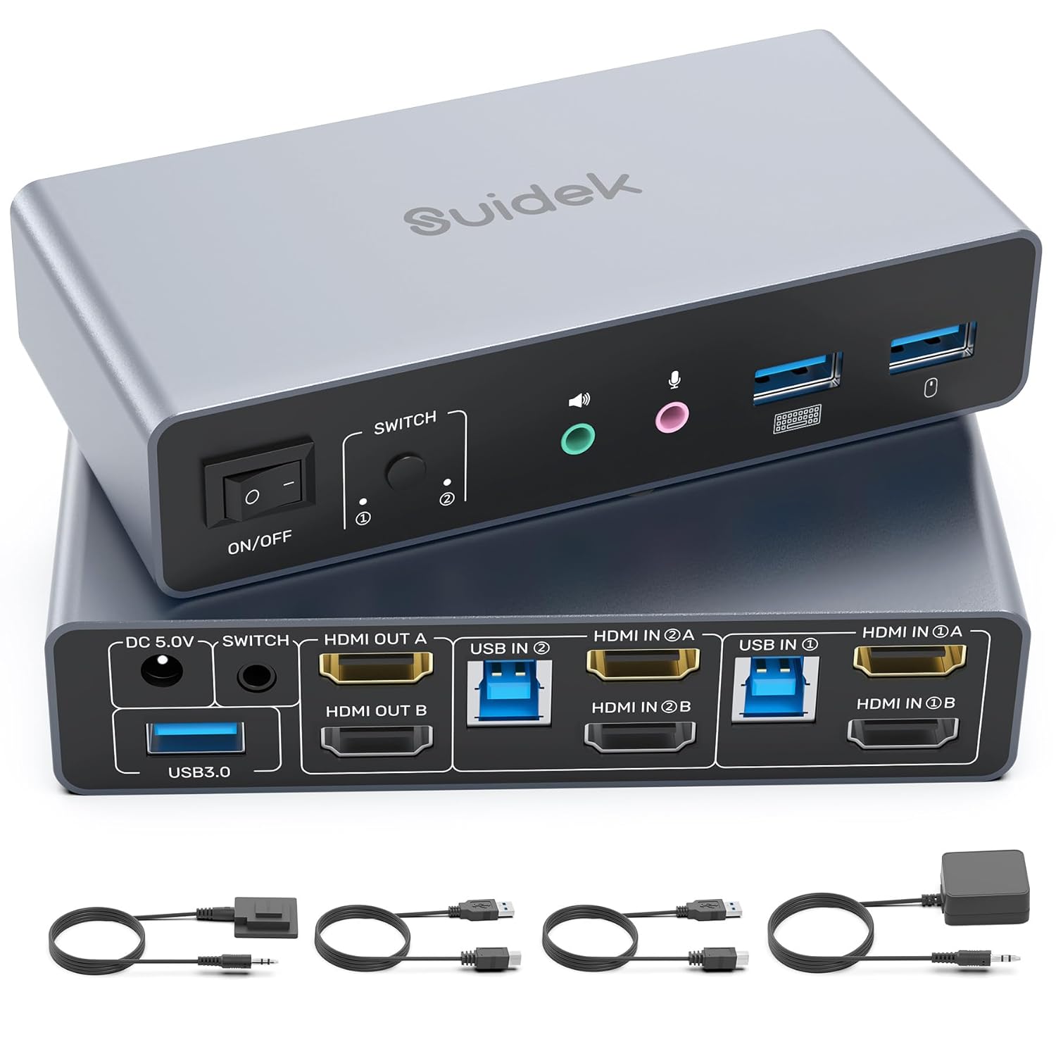 SUIDEK HDMI KVM Switch 2 Monitors 2 Computers, Dual Monitor USB KVM Switches 4K@60Hz, HDMI Extended/Mirror Display for 2 PC Share 2 Monitors, with 3 USB 3.0 Port, Desktop Controller and 2 USB Cables