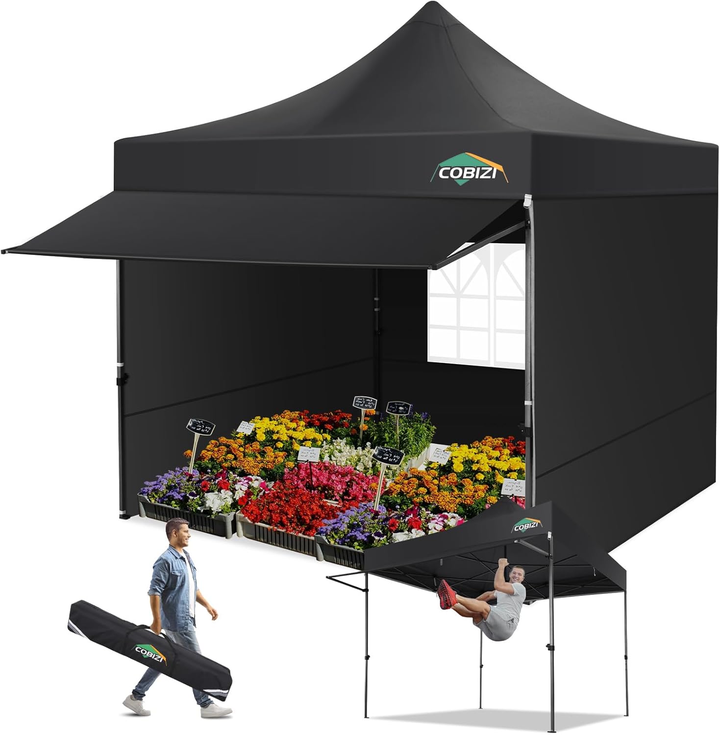 COBIZI 10x10 Pop Up Canopy Tent with Awning & Sidewalls, Commercial 10X10 Canopy Tents Instant Waterproof, UPF 50+ Sun Shade for Outdoor, Parties, Markets (Black)