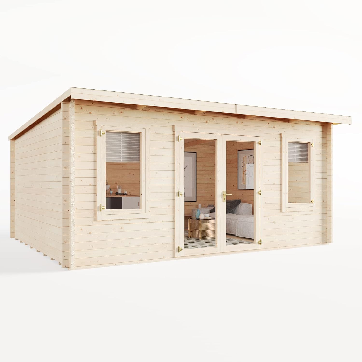 BillyOh Fraya 5m x 4m Log Cabin Summer House Shed with Pressure Treated Wood, Modern Pent Roof, Double Doors & Shatterproof Windows – Garden Room, Gym, Outdoor Office, Studio, or Garden House