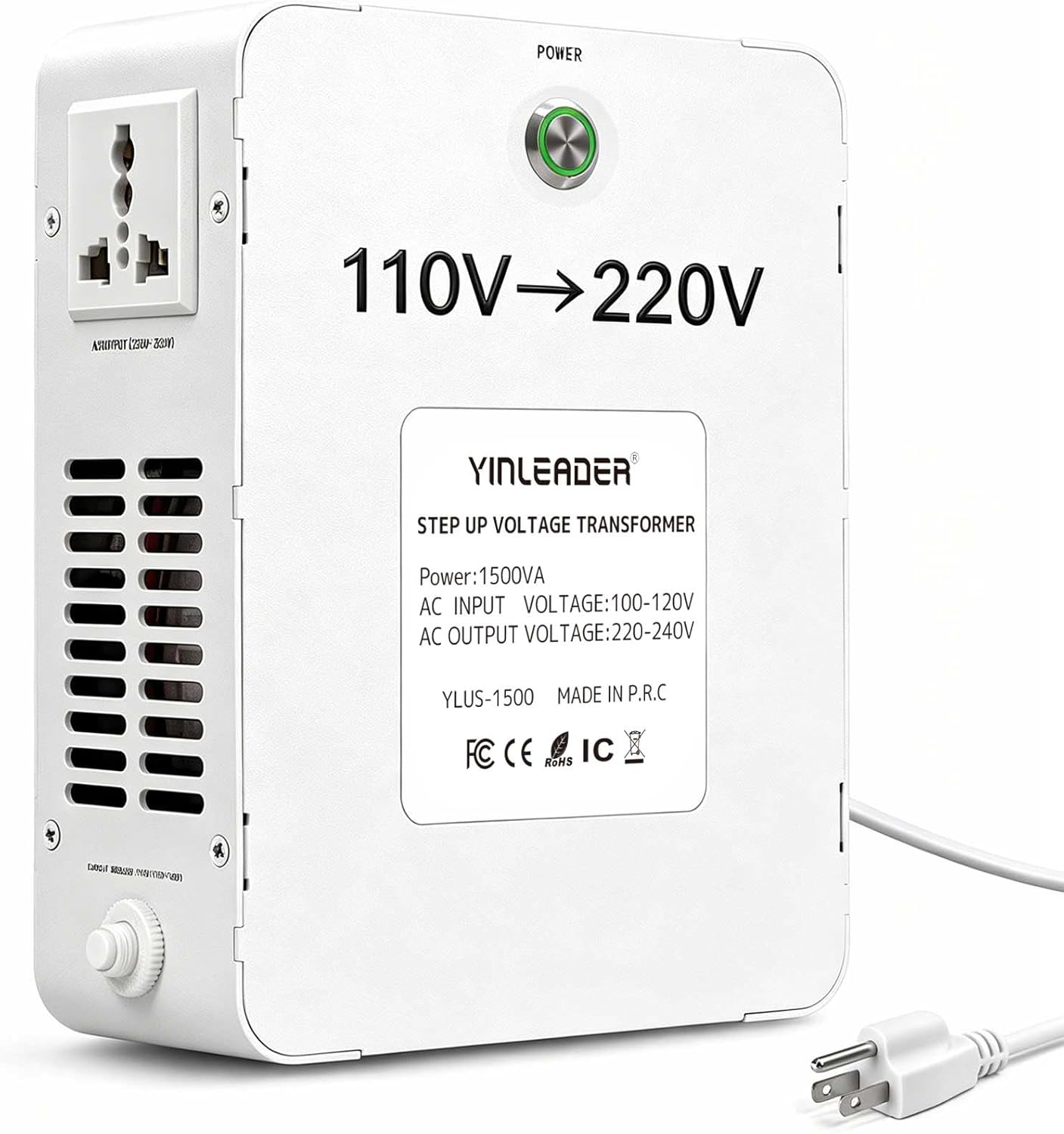 Yinleader 1500W 120V to 220V Voltage Converter Step Up Transformer 110V/120V to 220V/240V for Europe Asia Appliances Used in US(White)