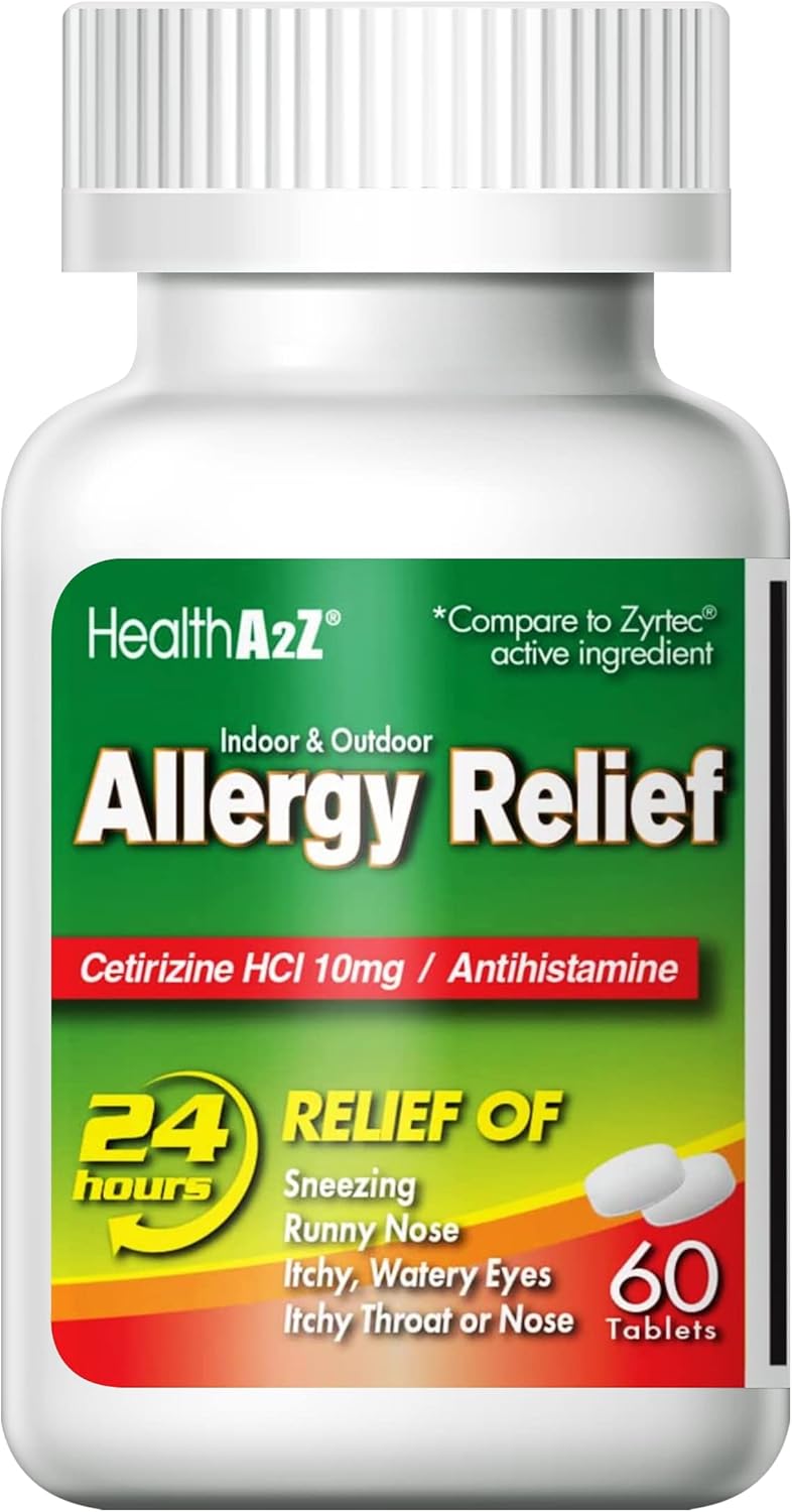 HealthA2Z® Allergy Relief | Cetirizine 10mg | All Day Allergy Relief | Indoor & Outdoor | Relief from Itchy Throat, Sneezing, Runny Noses (60 Count (Pack of 1))