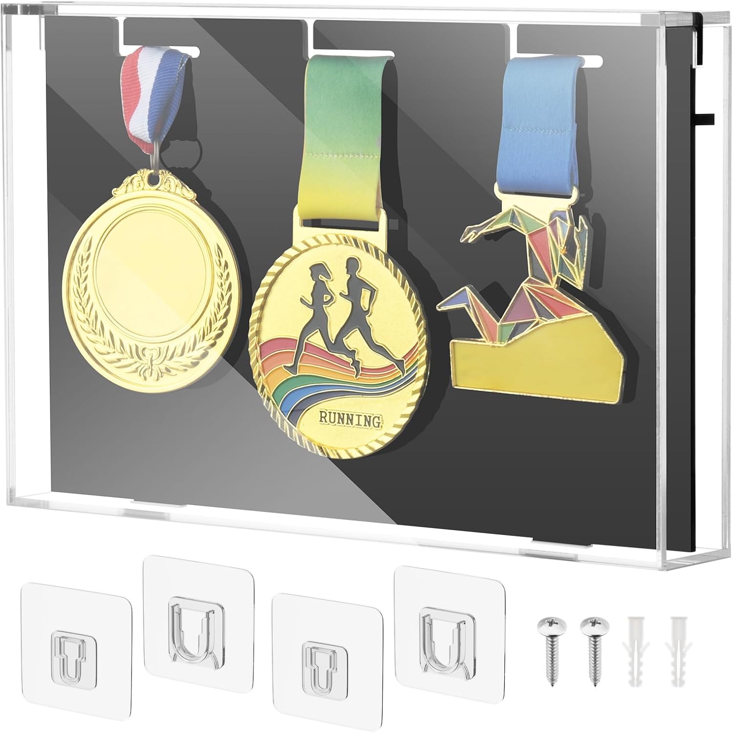 Cosmos Acrylic Medals Display Case, 3-Medal Wall Mounted Display Box Award Organizer Frame for Sports Medals, Military Ribbons & Marathon Badges, Athletic Trophy Showcase, Shadow Box, Memorabilia