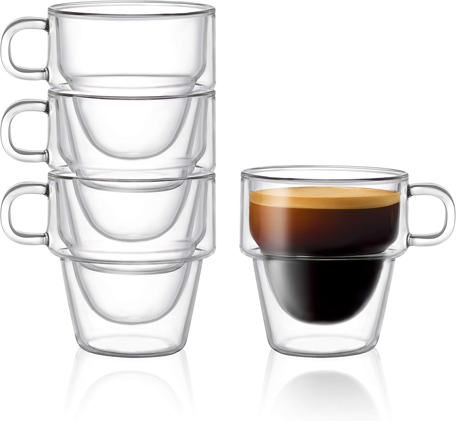 JoyJolt Stoiva Double Wall Insulated Espresso Glass Cups – 5 oz. (150 ml) Espresso Shot Glass Cup with Handle – Stackable Thermal Clear Glass Cups, Fit for Espresso Machine and Coffee Maker – Set of 4