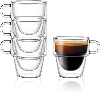 JoyJolt Stoiva Double Wall Insulated Espresso Glass Cups – 5 oz. (150 ml) Espresso Shot Glass Cup with Handle – Stackable Thermal Clear Glass Cups, Fit for Espresso Machine and Coffee Maker – Set of 4