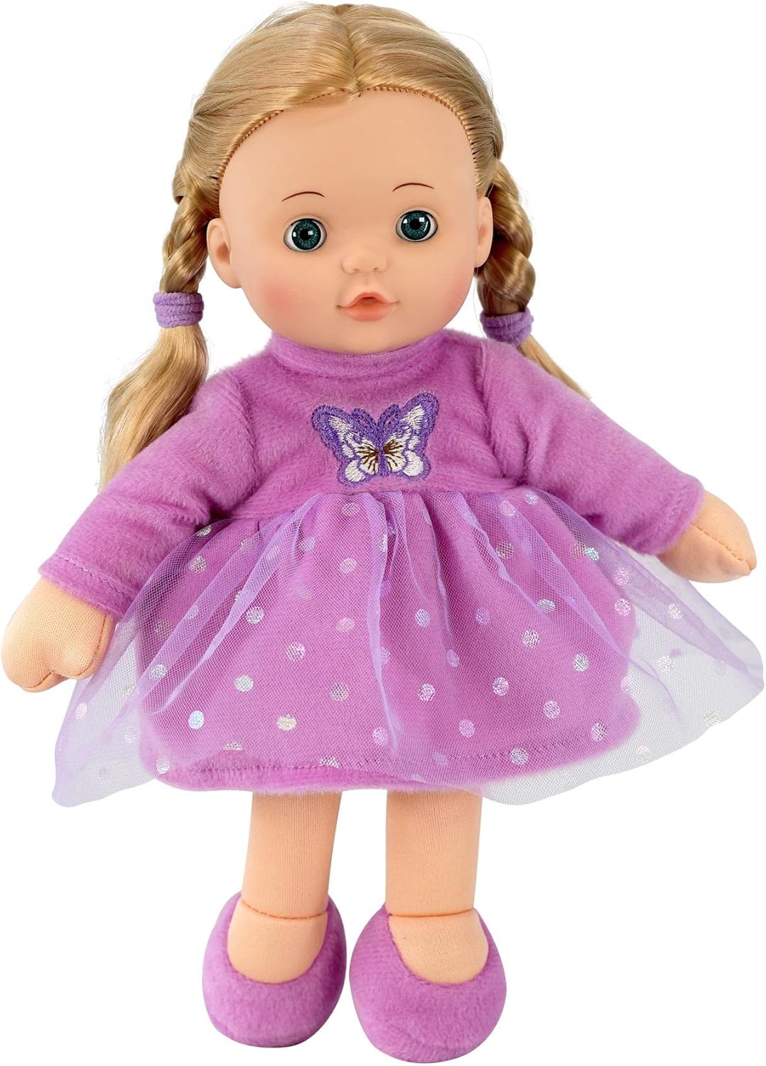Bibi Doll 12" Rag Doll Maddie Tatters - Baby Dolls For Girls Boys - Rag Doll With Hair, Vinyl Styling Head, Soft Body, Open Close Eyes, Purple Clothes - Gifts For Girls Boys Ages 18 Months And Up