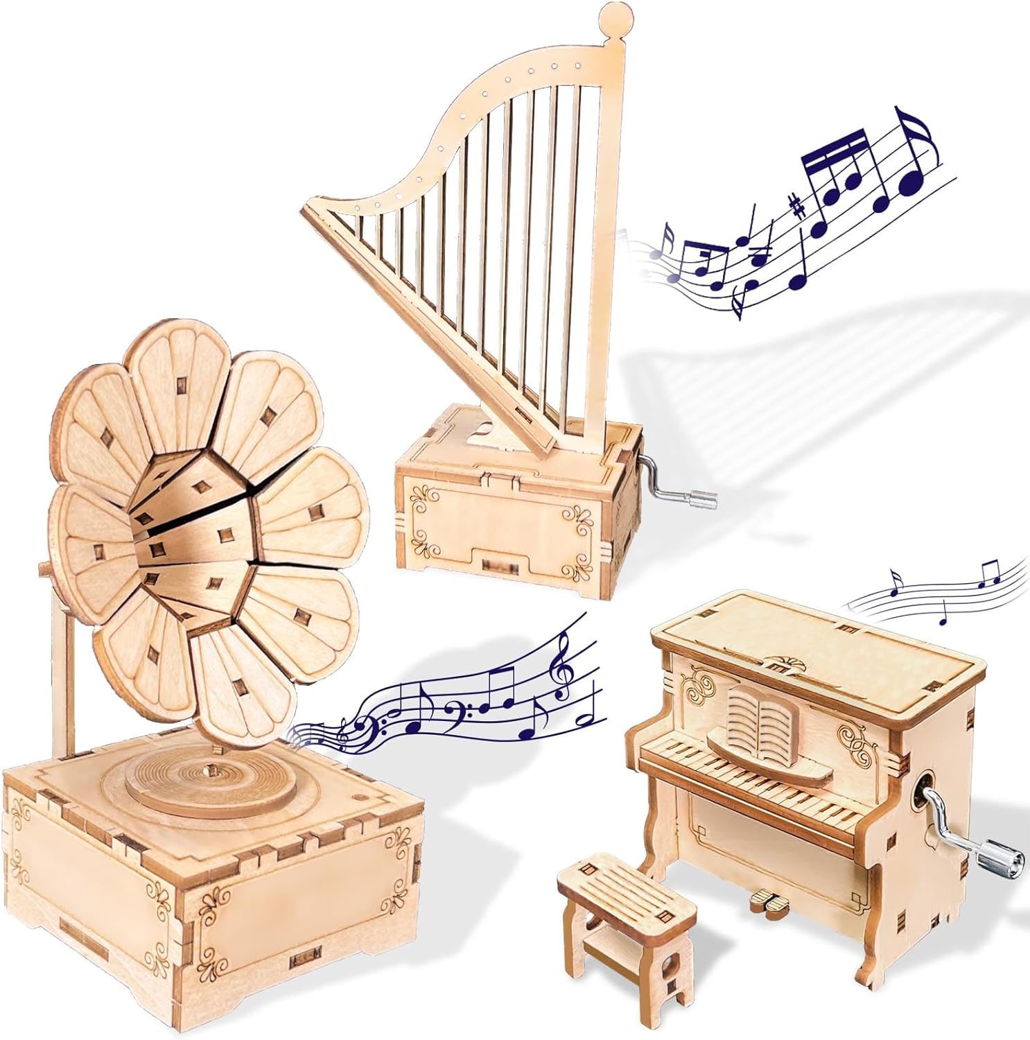 CYAZOO 3in1 3D Wooden Puzzle for Adults Music Box Set-Kids DIY Musical Instrument Model Assembly Puzzles Hands Craft Building Kits Home Decoration (3PCS: Gramophone+Piano+Harp)