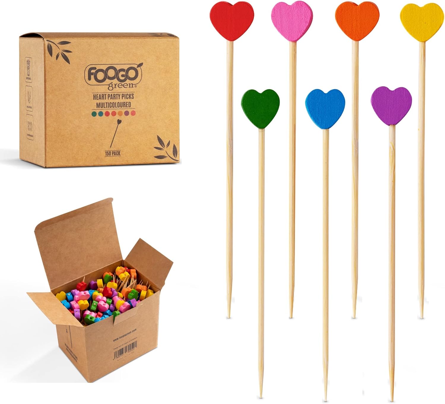 FOOGO Green 150pcs Bamboo Cocktail Sticks, FSC® Certified, 9cm Fancy Multi-Coloured Heart skewers, Cocktail Accessories for Drinks, Party Food Picks, Sturdy compostable Eco-Friendly Wooden Sticks
