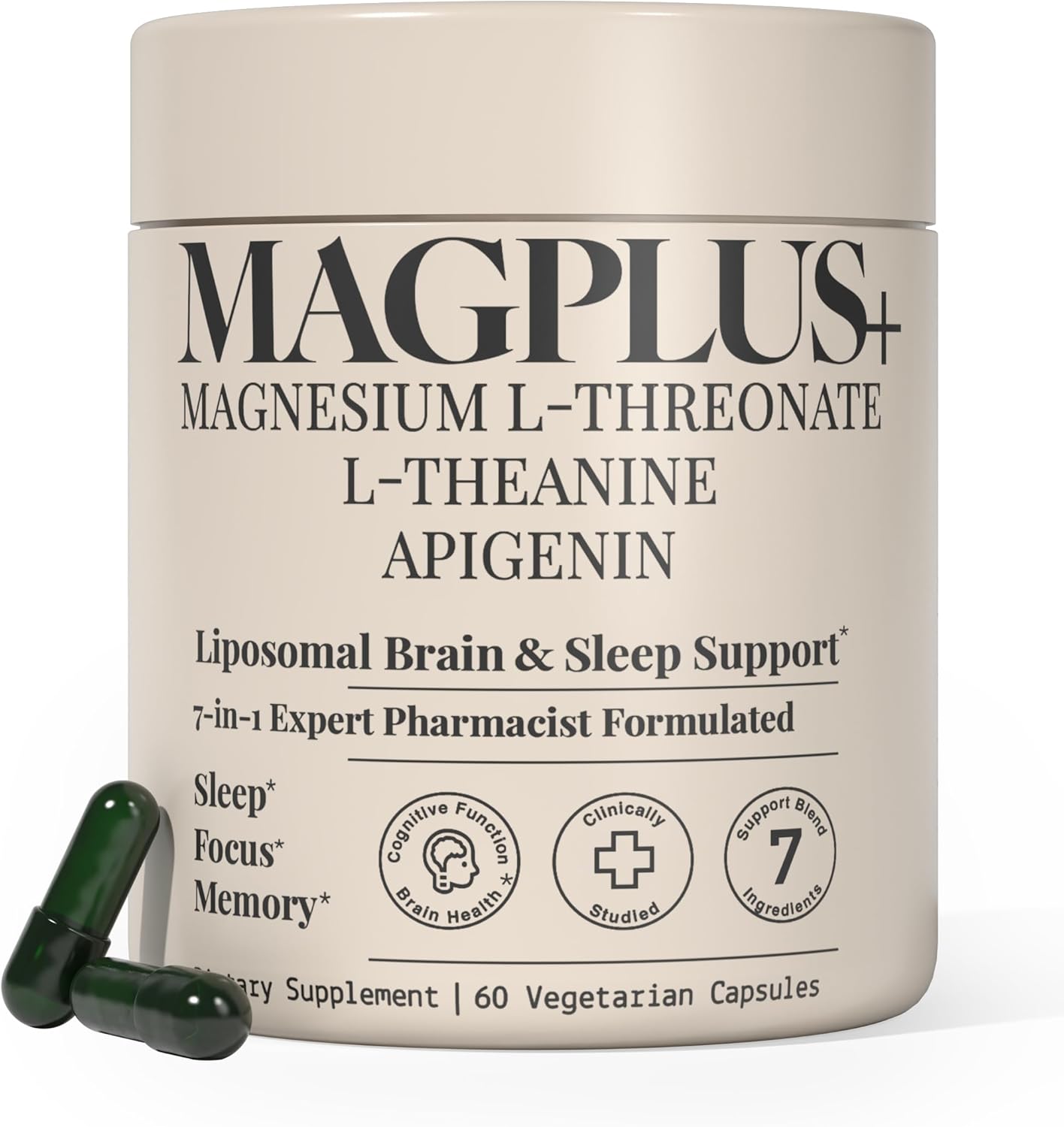 MAGPLUS+ Magnesium L-Threonate w. Apigenin & L Theanine, 1500mg 7-Ingredient Sleep Blend - Brain & Memory Support - Liposomal Magnesium Threonate Supplement - Capsules Supports Health, Rest & Mood