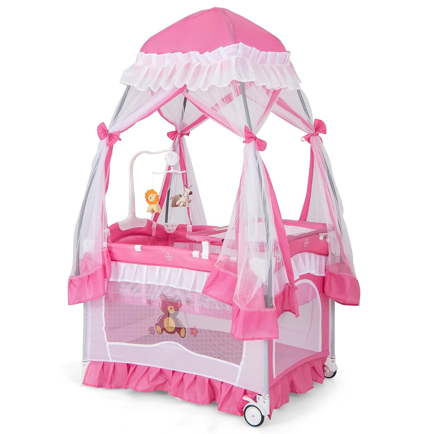 HONEY JOY 4-in-1 Pack and Play with Canopy, Portable Baby Playard w/Changing Table and Infant Bassinet, Cute Toys & Music, Foldable Bassinet for Newborn and Toddler (Hot Pink)
