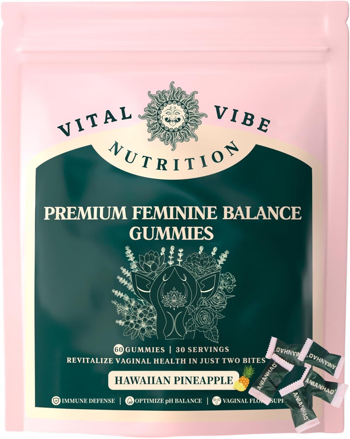 Feminine Balance Gummies for Women's Health, Premium Balance Gummies for pH Balance & Immune Support, Vegan & Low Sugar-Hawaiian Pineapple Flavor-60 Gummies