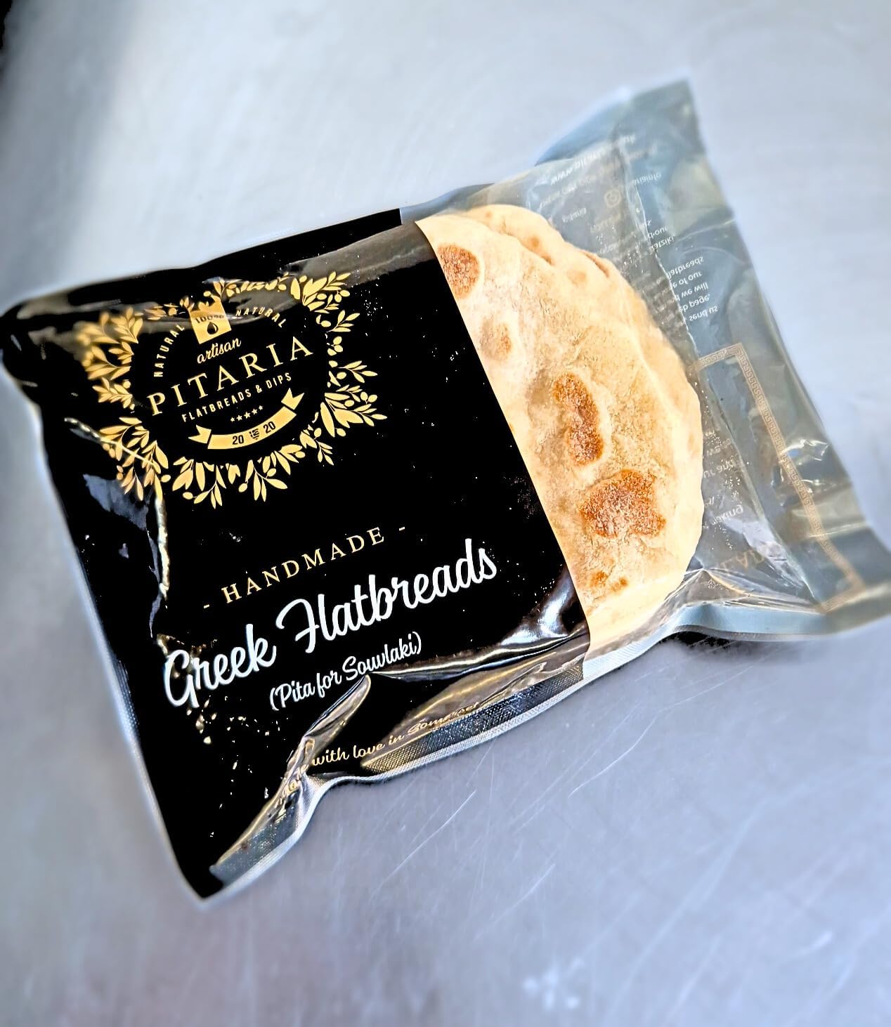 Pitaria Artisan Greek Flatbreads, Handmade Pita for Souvlaki medium sized 13cm - 15cm, 3 packs of 4 breads.