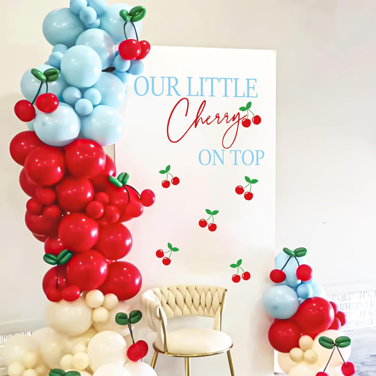 Our Little Cherry On Top Decal Cherries Backdrop Decorations Party Stickers Red Blue Welcome Sign Decal for Balloon Arch Wedding Baby Shower Birthday