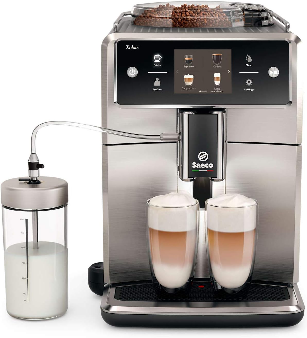 Saeco super-automatic espresso coffee machine with an adjustable grinder, double boiler, for brewing espresso, cappuccino, latte & flat white. SM7685 Xelsis