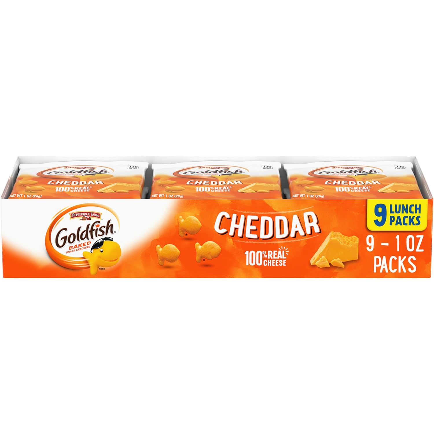 Goldfish Cheddar Cheese Crackers, Baked Snack Crackers, 1 oz On-the-Go Snack Packs, 9 Count Tray