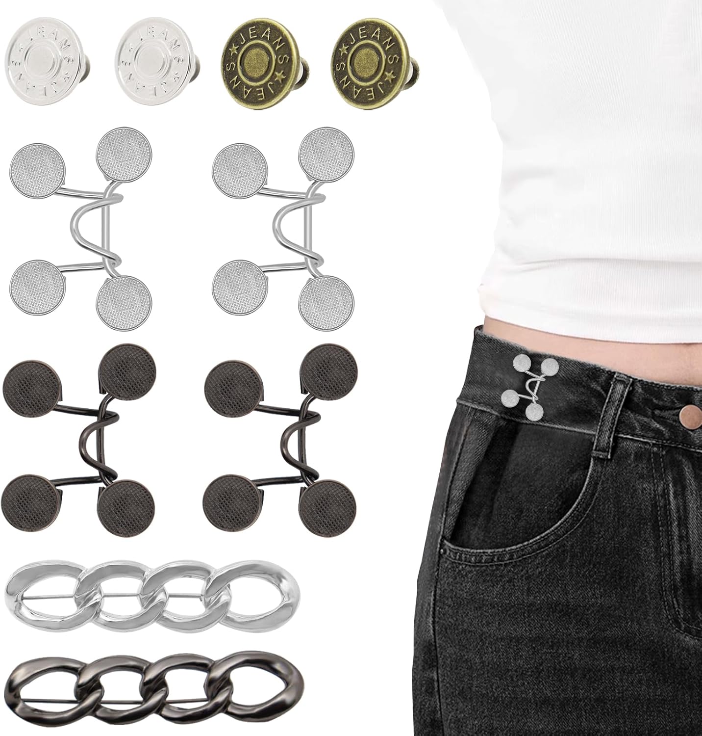 10 Sets Pant Waist Tightener Buttons Pins for Loose Jeans No Sew Jeans Button Replacement, Reusable Waist Cincher Clip Adjustable Button Tightener Clip Brooch for Dresses Skirts