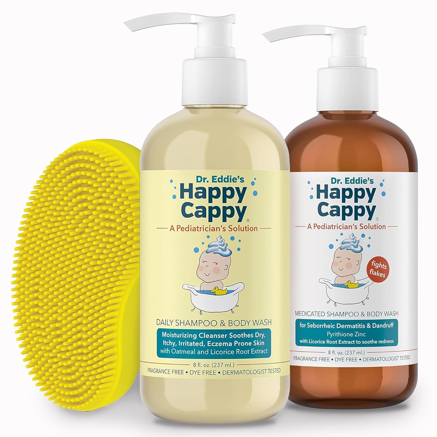 Happy Cappy Medicated and Daily Shampoo and Beanie Brush Bundle - Baby Dandruff Shampoo, Cradle Cap Brush for Kids, Toddlers, Helps Cradle Cap and Seborrheic Dermatitis, Fragrance-Free - 3 Pieces