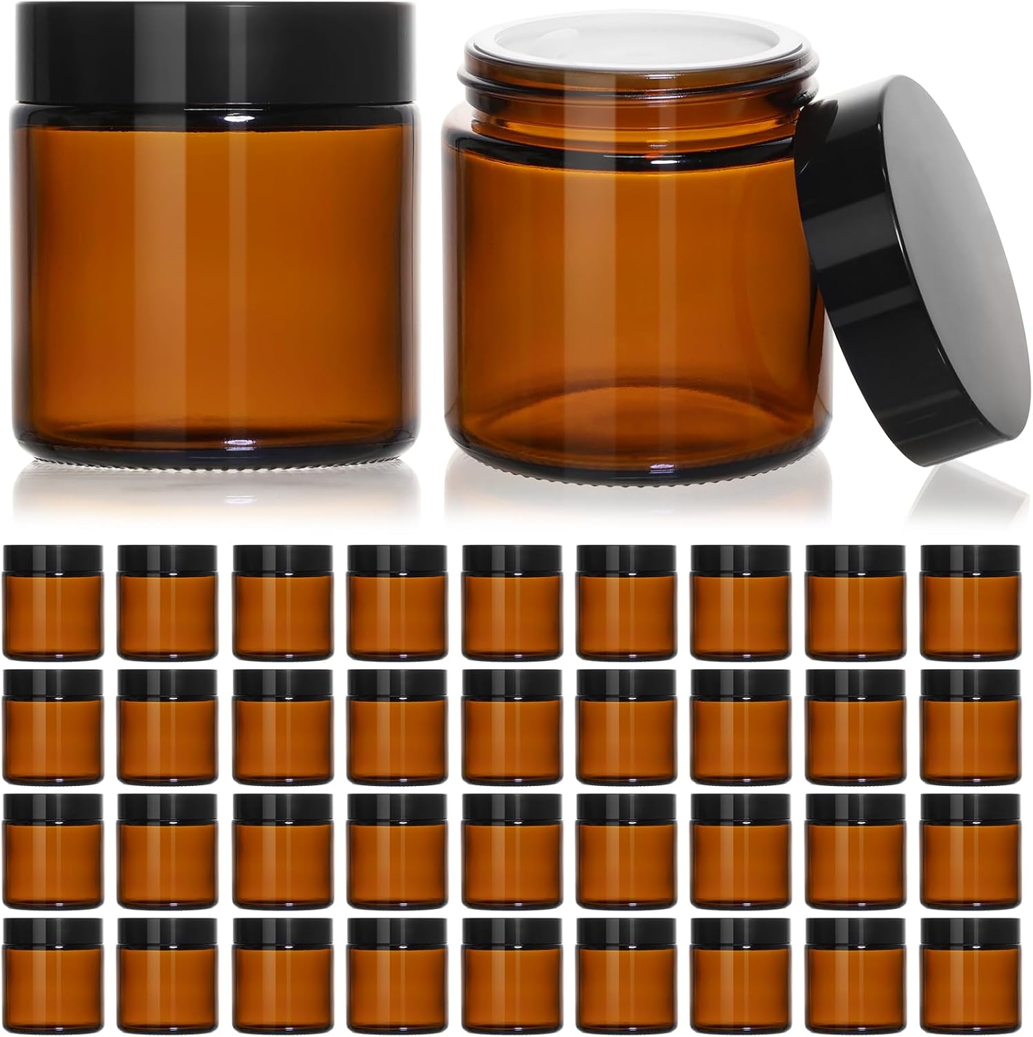 KEYWING 4oz Small Glass Jars with Black Lids, 36 Pack Amber Empty Cosmetic Containers Round Glass Jar with Inner Liners for Creams, Lotions, Ointments and Powders