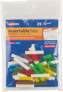 Avery Insertable Self-Adhesive Tabs with Printable Inserts, 1", Permanent Adhesive, Assorted (Blue, Clear, Green, Red and Yellow), Pack of 25 Index Tabs (16219)