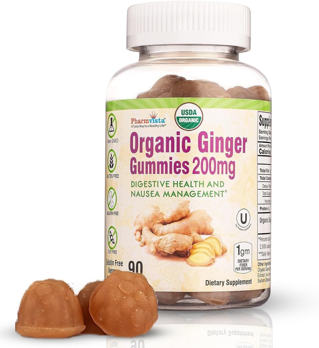 USDA Organic Ginger Gummies 200mg 90 Count for Nausea Management and Digestive Health