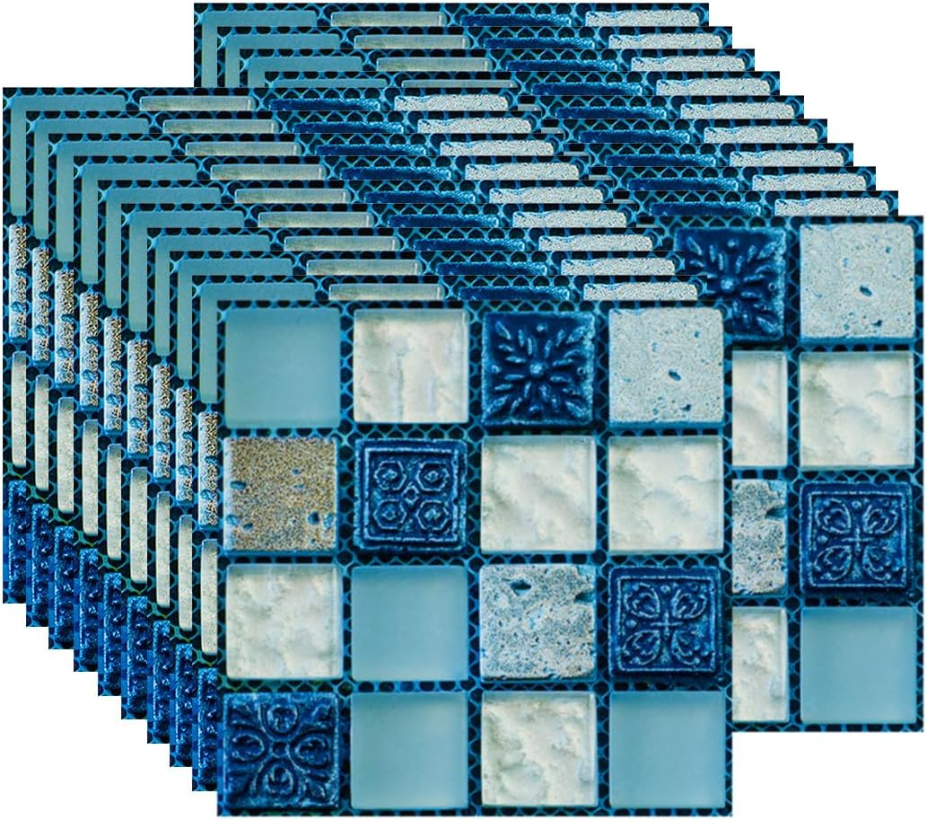 FBBULES 20PCS Mosaic Style Decorative Tile Stickers, Self Adhesive Wallpaper Waterproof Peel and Stick on Wall Glass Furniture for Kitchen Bathroom Room Transformation, Blue (10x10cm/4x4inch)