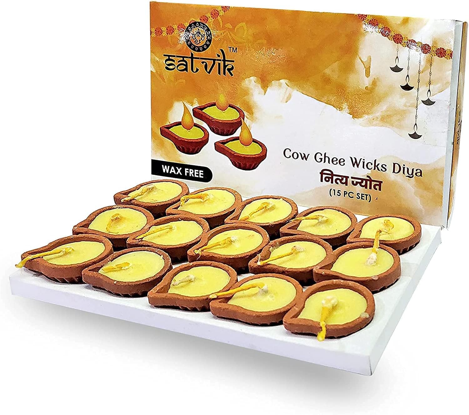 SATVIK 30 Pc Nitya Pujan Cow Ghee Wicks Ghee Diya in Mitti Diya Set. Made of Pure Cow Ghee Wicks. Tibetan Tea Light Ghee Wicks (15x2 Pack). Daily Pooja. Indian Housewarming Return Gift Items Bulk