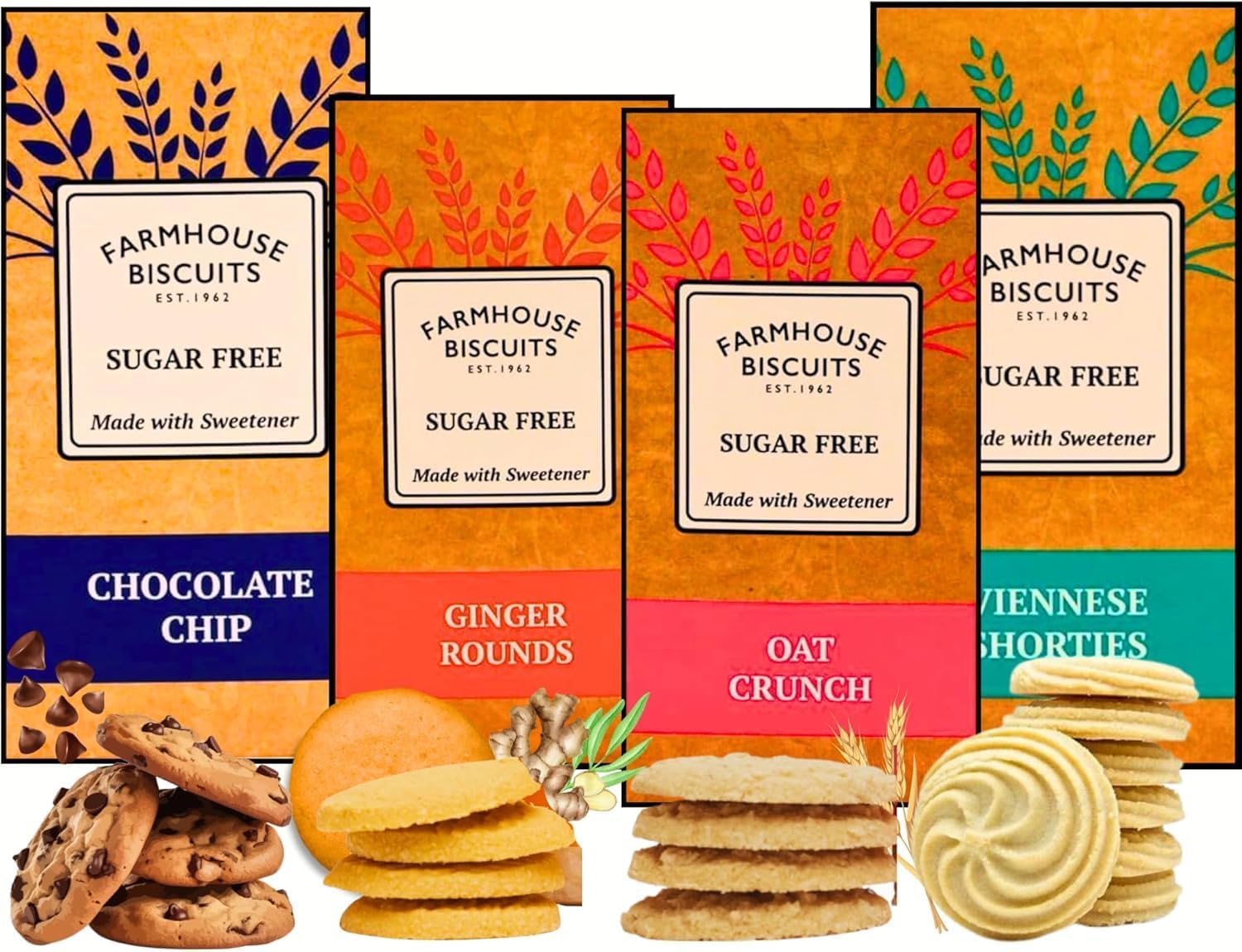 Farmhouse Sugar Free Biscuits For Diabetics Multipack Selection Box - Viennese Shorties, Ginger Cookies, Choc Chip Cookies, Oat Crunch Cookies | Ideal for Weight Loss (Pack of 1 (4Mix Flavours))