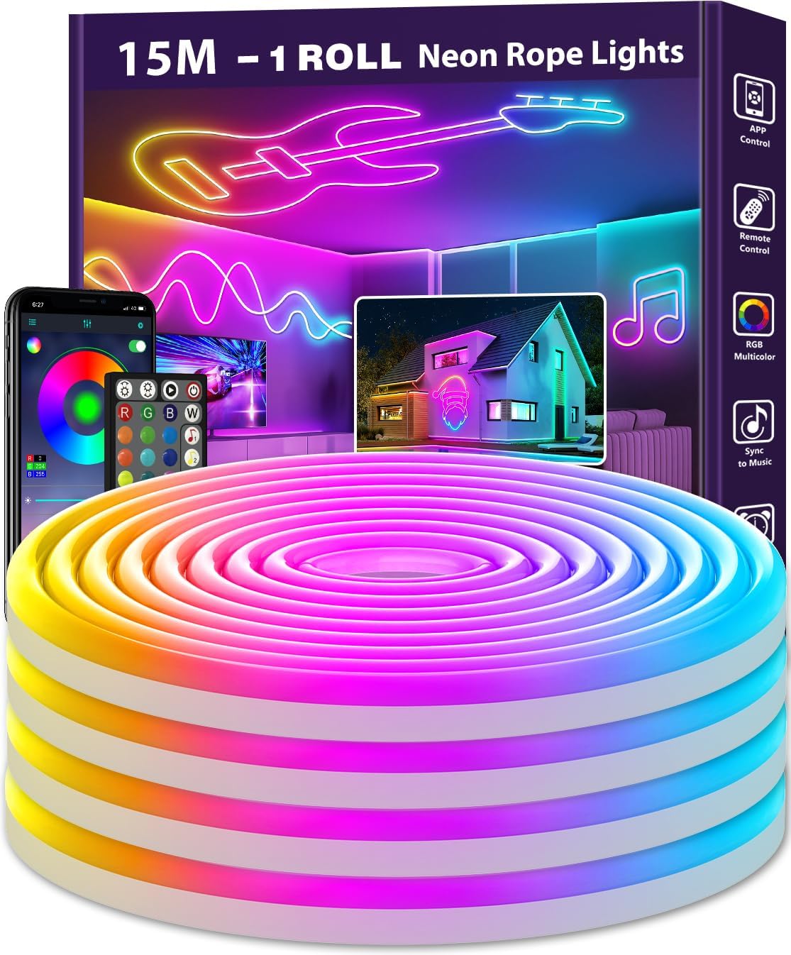 AILBTON Led Neon Rope Lights 15m Flexible Led Rope Lights,Control with App/Remote,Multiple Modes,RGB Neon Music Sync Gaming Strip for Bedroom Indoor