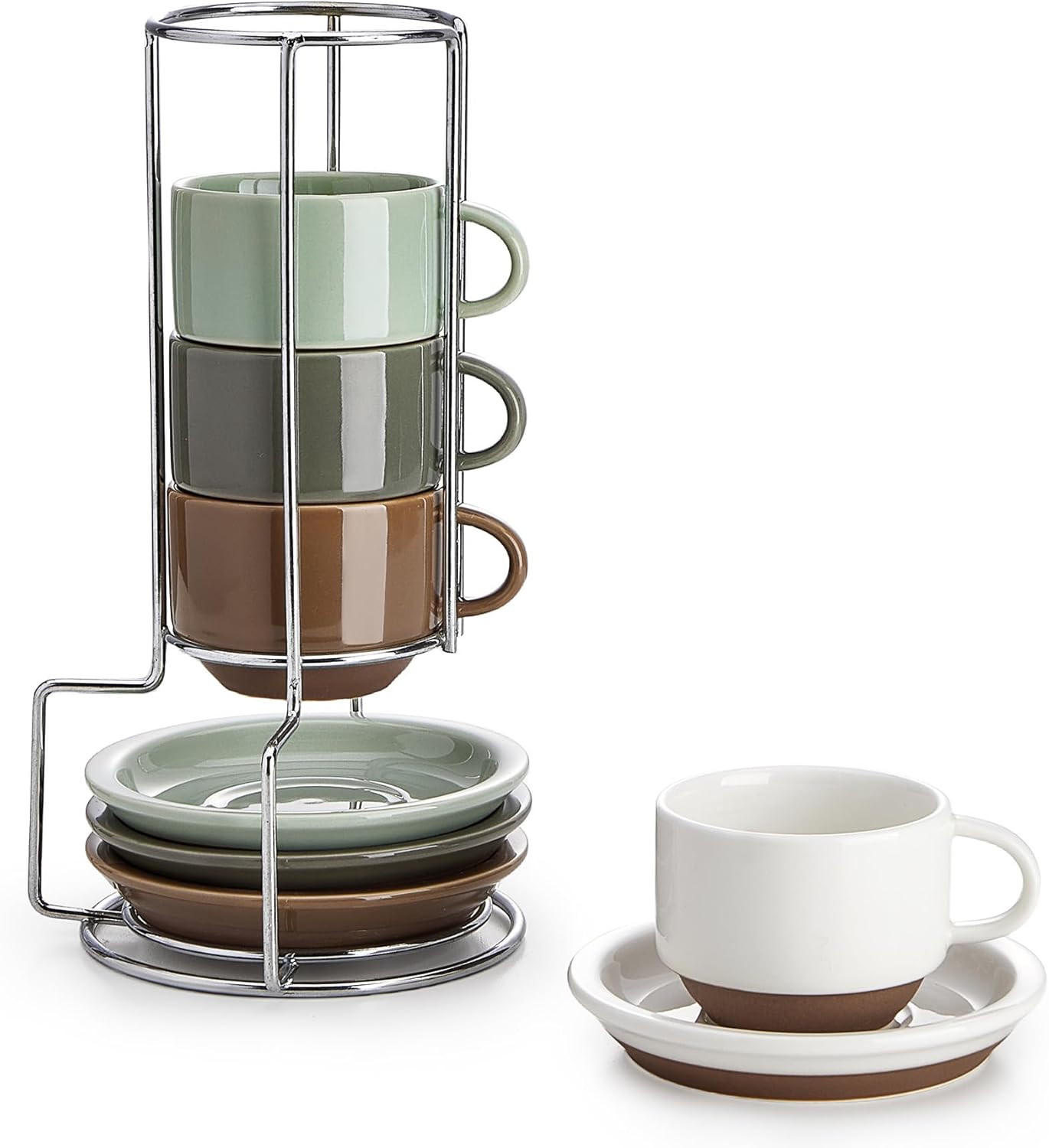 Sweese 2.5 Ounce Espresso Cups Set of 4, Porcelain Stackable Coffee Cups with Saucers and Metal Stand, Multicolor