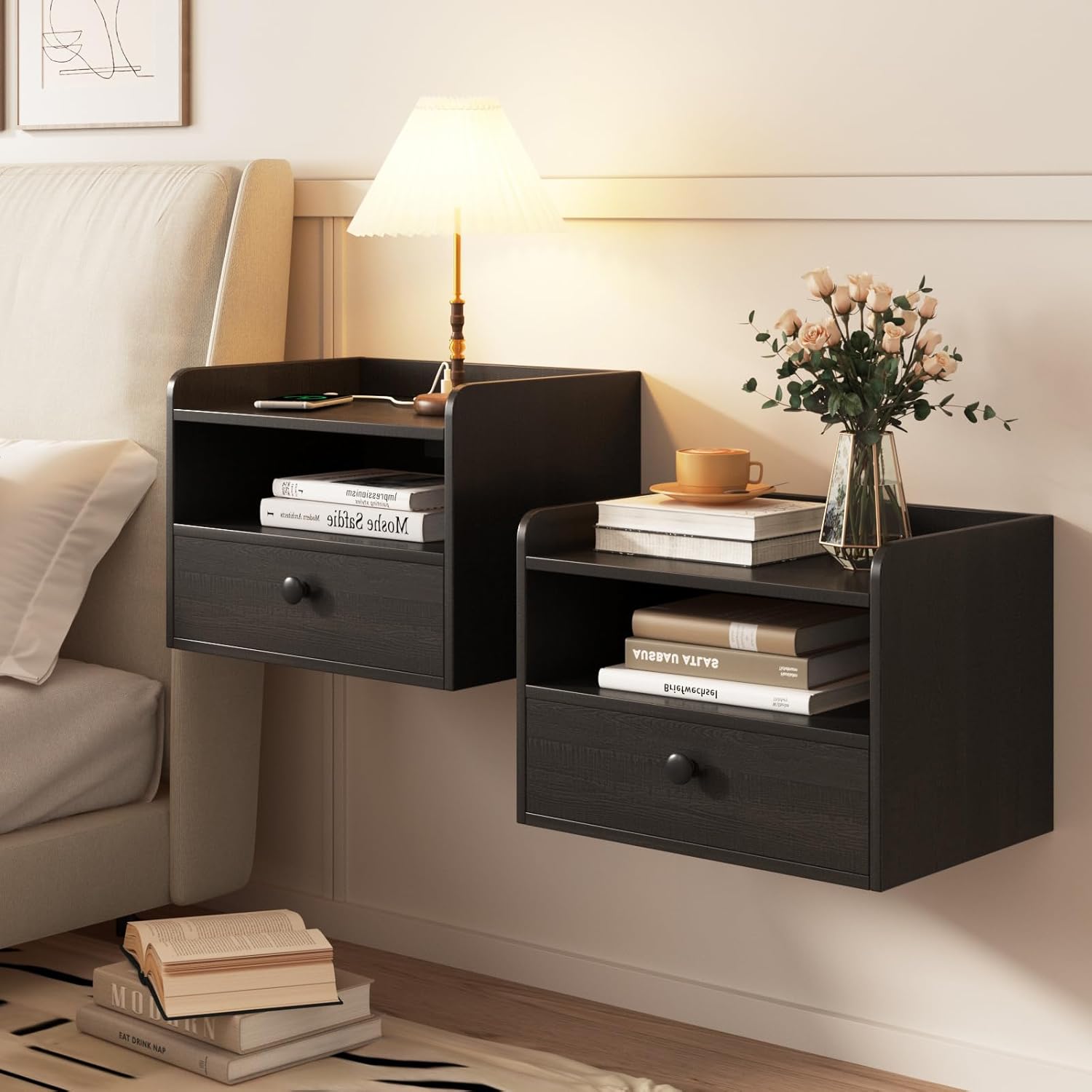 Floating Nightstand Set of 2 Modern Night Stands with Drawer and Open Shelf Cubby Small Bedside End Table with Charging Station Wall Mounted Nightstands Set 2 for Bedroom Black