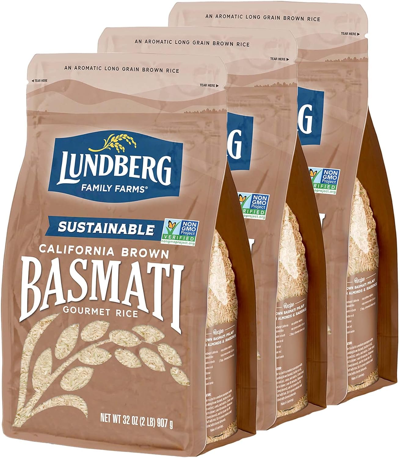 Lundberg Family Farms - California Brown Basmati Rice, Pleasant Aroma, Won't Clump When Cooked, 100% Whole Grain, High Fiber, Pantry Staple, Gluten-Free, Non-GMO, Vegan, Kosher (32 oz, 3-Pack) 3