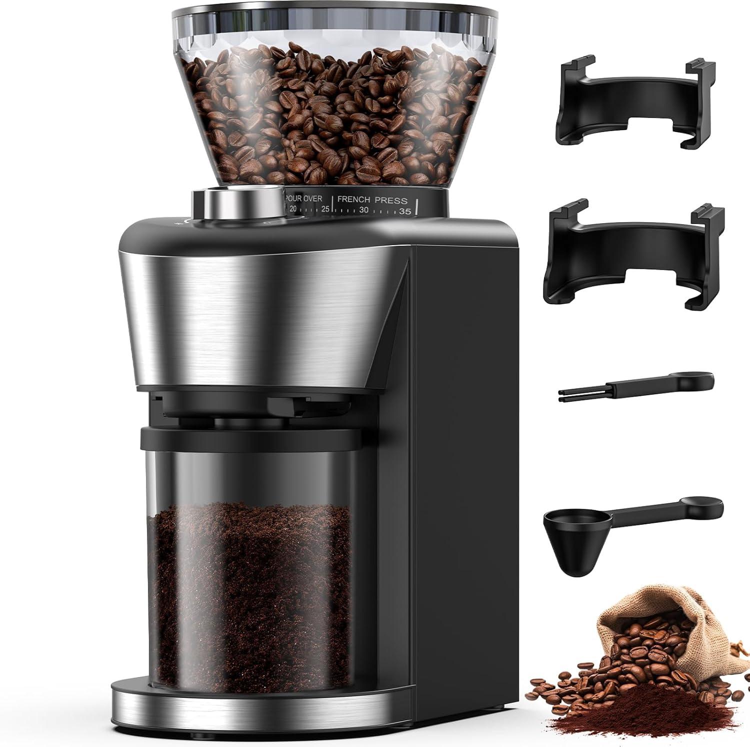 COWSAR Conical Burr Coffee Grinder, Burr Grinder with 35-Position for 2-12 Cup, Anti-Static, Double Portafilter Holders, One-Touch Switch, Easy to Clean, Ideal for Espresso/Drip/French Press