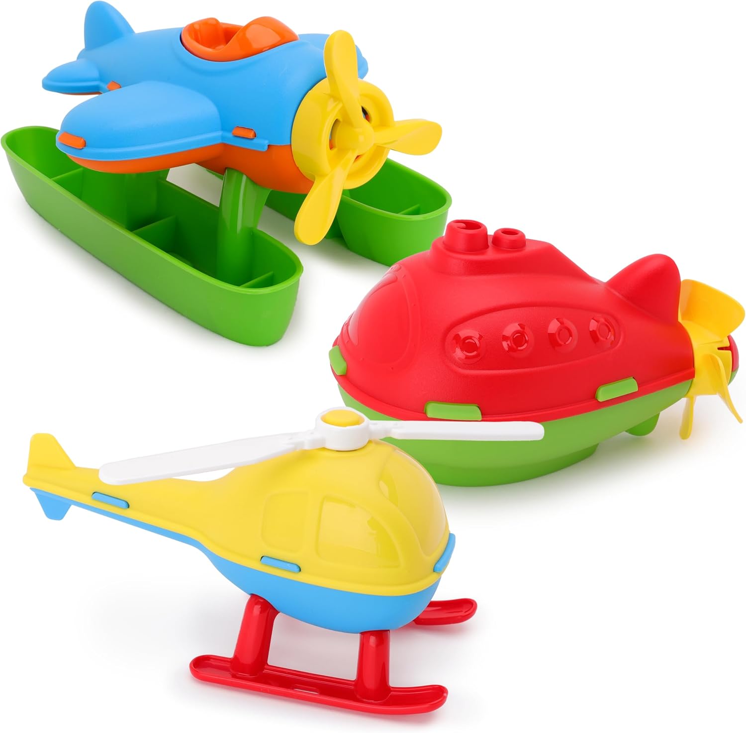 Toyland® Pack of 3 - 16cm (6") Colourful Toy Helicopter, Submarine & Seaplane - Kids Floating Water Toys - Pool & Bathtime Toy