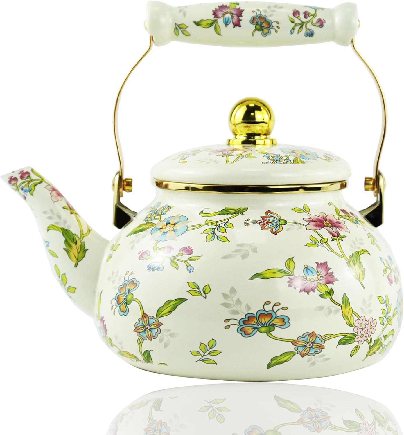 Floral Enamel Tea Kettle Bohemian Gold Beige Teapot Vintage Boho Hot Water Coffee Kettle Pot 2.5L Porcelain Tea Pot Retro Pot Stovetop Kitchen Home Decor