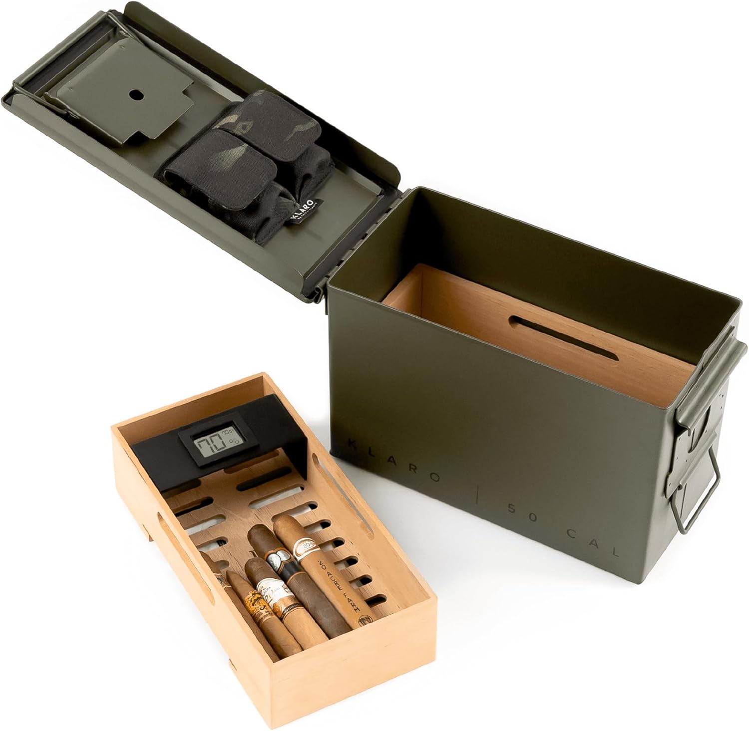 CASE ELEGANCE - The Smoke Can 50CAL Humidor, Thick Metal Ammo Box, Spanish Cedar Shelves, Army Green Finish, 69%, Digital Hygrometer, Magnetic Accessory Case - Holds 30-40 Cigars