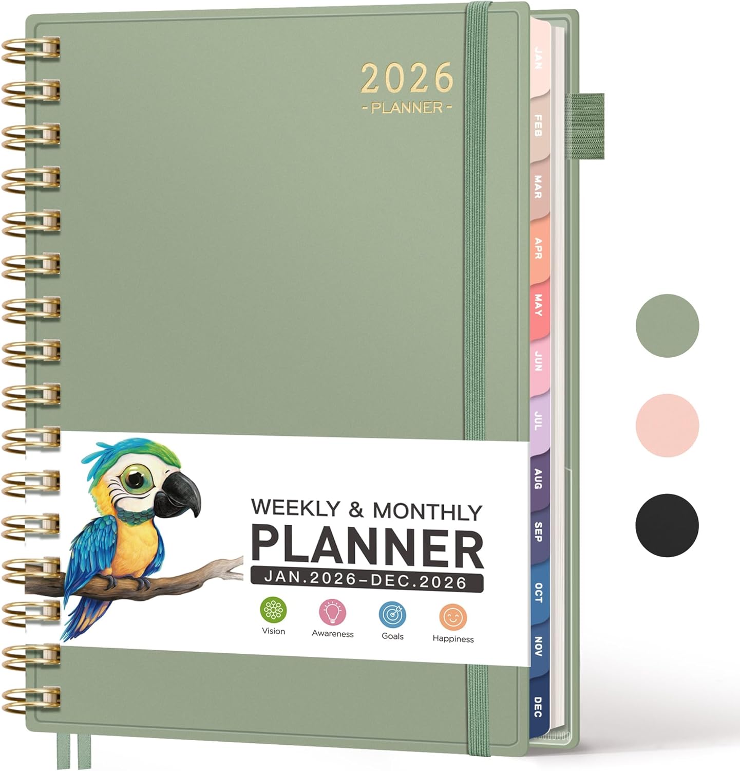 RETTACY Diary 2026 Week to View, Jan-Dec, A5 Size (14.5 x 21 cm), Weekly & Monthly Planner, 12-Monthly Tabs, Flexible Plastic Cover, Inner Pocket, 100 GSM Paper - Light Green
