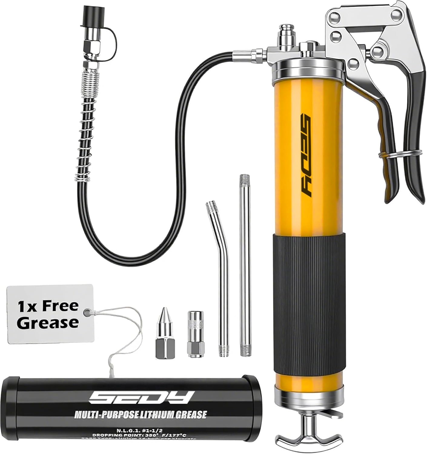 Heavy Duty Grease Gun Kit - 14oz Free Grease Tube 8000 PSI Pistol High Pressure Flexible Hose Bearing Grease Pump Marine Durable Connectors Adapters Extension Tubes Nozzle Easy Operation