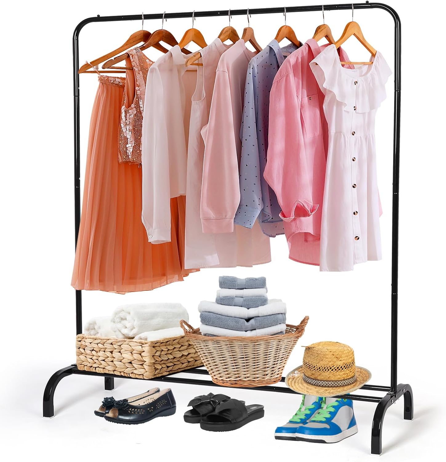 Metal Clothing Rack Garment Rack, Closet Rack Heavy Duty Hanging Racks for Clothes with Top Rod and Storage Bottom Shelf, Clothes Rail Hanger Stand Free for Hanging Coats, Skirts, Shirts 43.5 In-Black