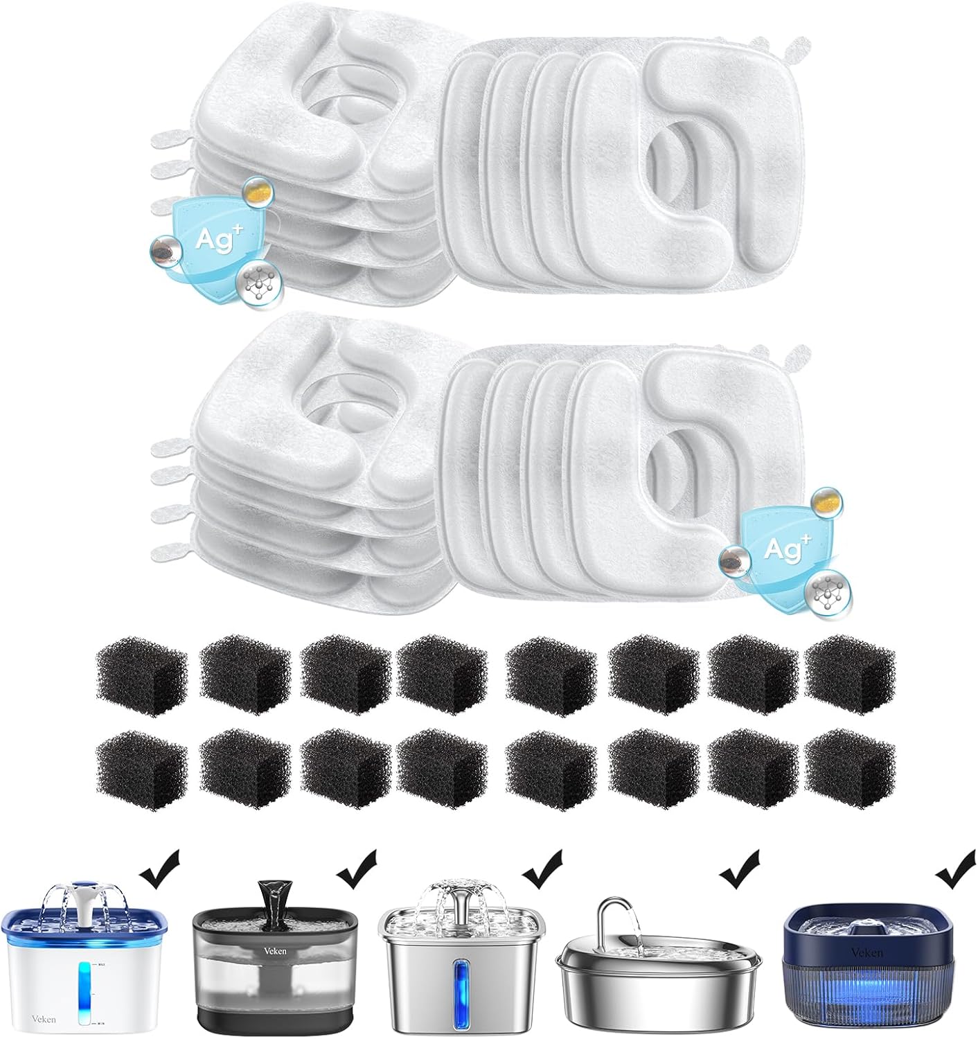 Veken Cat Water Fountain Filters, 16 Pack Replacement Filters & 16 Pack Replacement Pre-Filter Sponges Set for 50oz, 84oz, 95oz Automatic Pet Fountain Dog Water Dispenser
