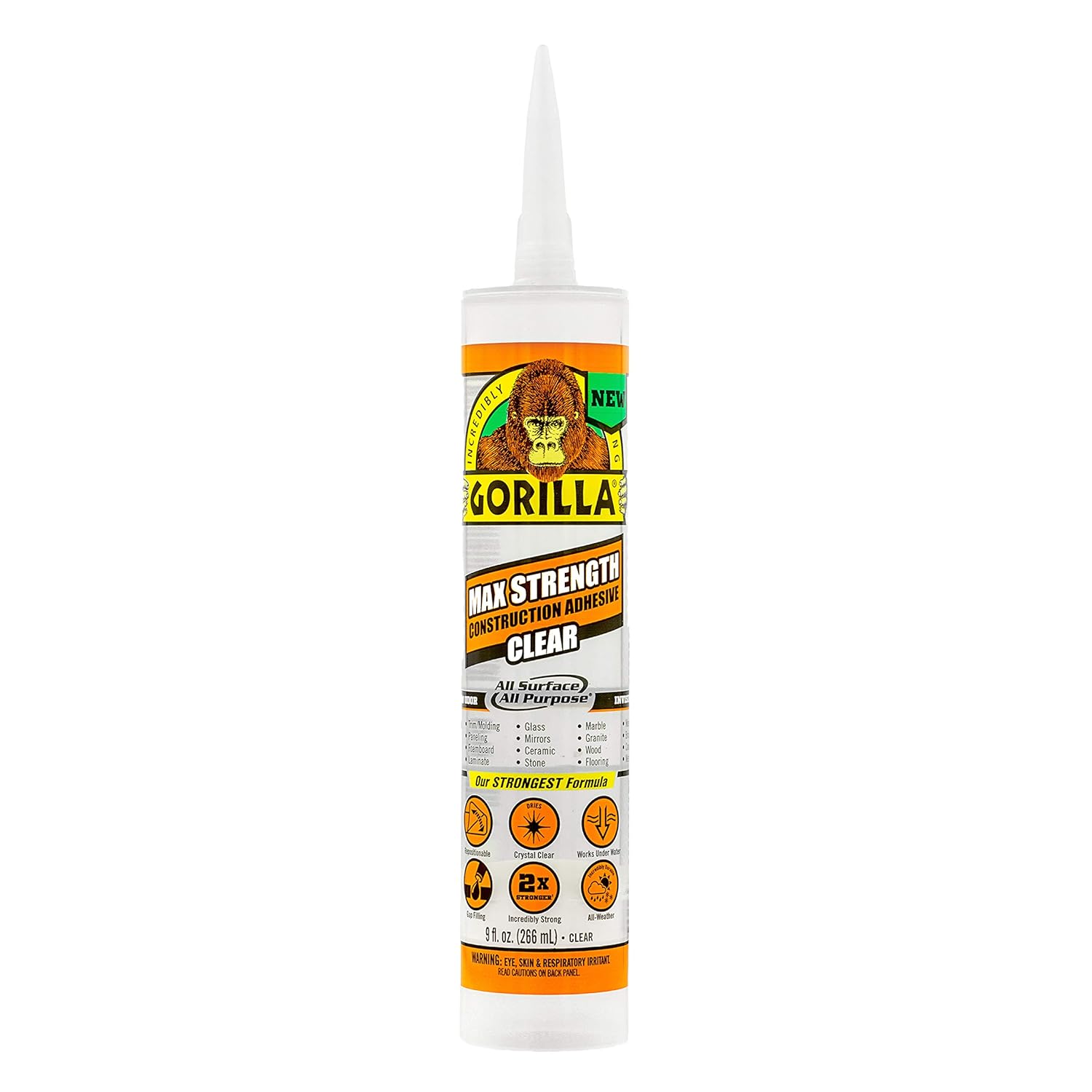 Gorilla Max Strength Construction Adhesive, Clear Glue, 9 Ounce Cartridge (Pack of 1) - Gap Filling and Waterproof