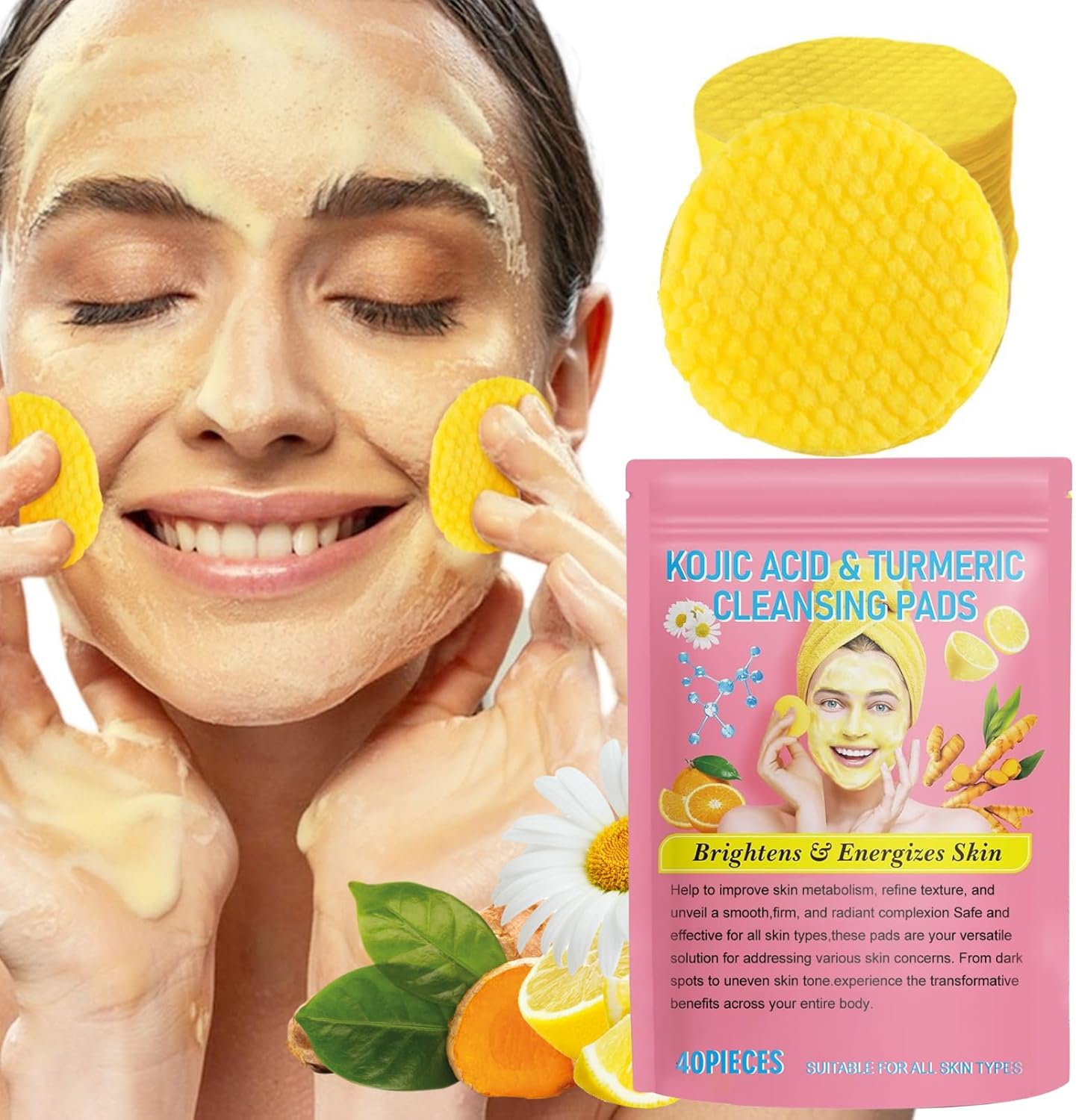 40pcs Turmeric&Kojic Acid Cleansing Pads - Face Exfoliator Pad - Exfoliating Face Pads - Toner Pads Acne Treatment Shrink Pores - Face Wipes, Energizes & Smooth Skin