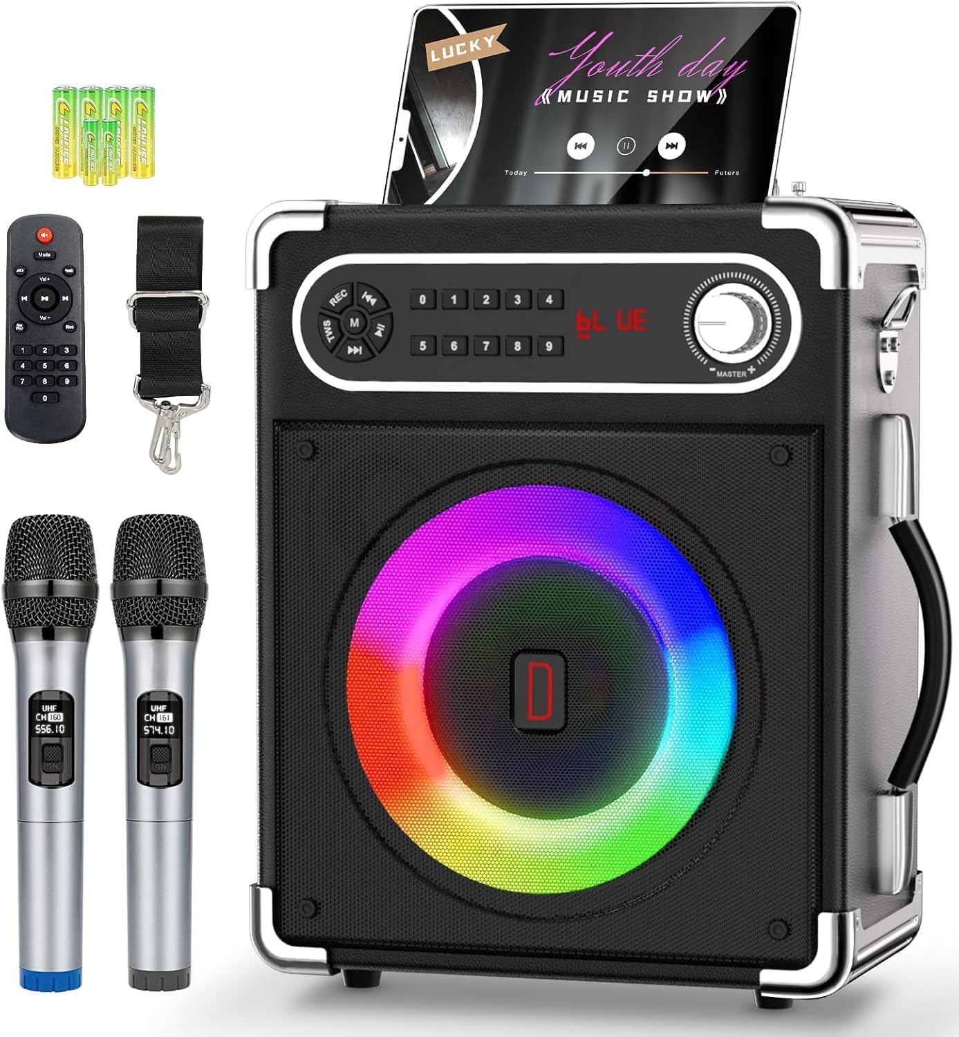 Karaoke Machine with 2 Wireless Microphones,Portable Bluetooth 5.1 Speaker for Adults Kids,Bass/Treble Adjustment,PA System with Remote Control, Lights, Supports TF Card/USB, AUX in,TWS,FM,REC Party
