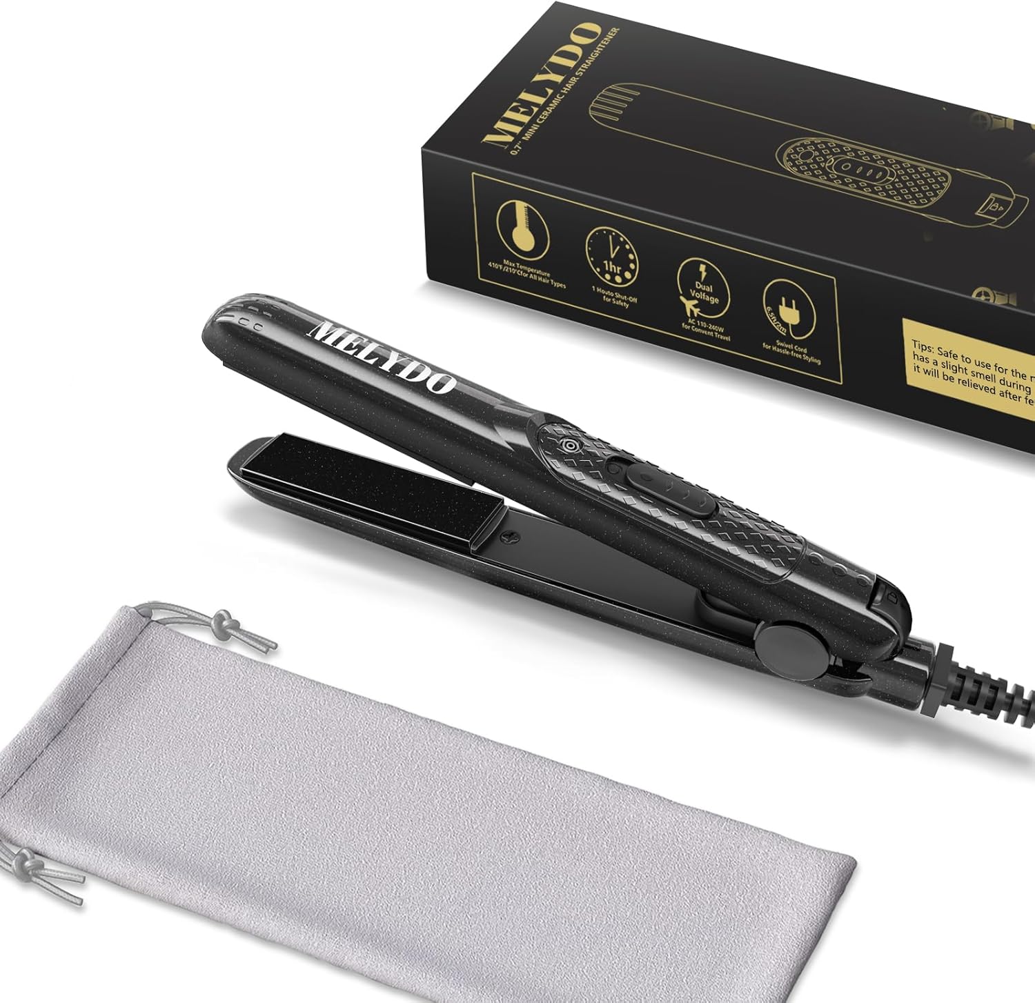 MELYDO Mini Hair Straighteners, Ceramic Mini Straightener for Short Hair/Bangs, Travel Hair Straighteners Dual Voltage, UK Plug(Black)