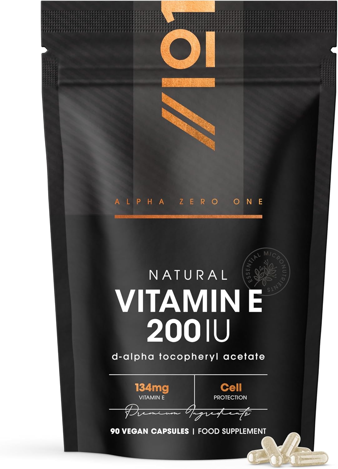 Vitamin E 200IU D-Alpha Tocopherol – 100% Natural Vitamin E – 90 Vegan Capsules – Highly Absorbable – 3 Month Supply – Protects Cells from Oxidative Stress – by Alpha01