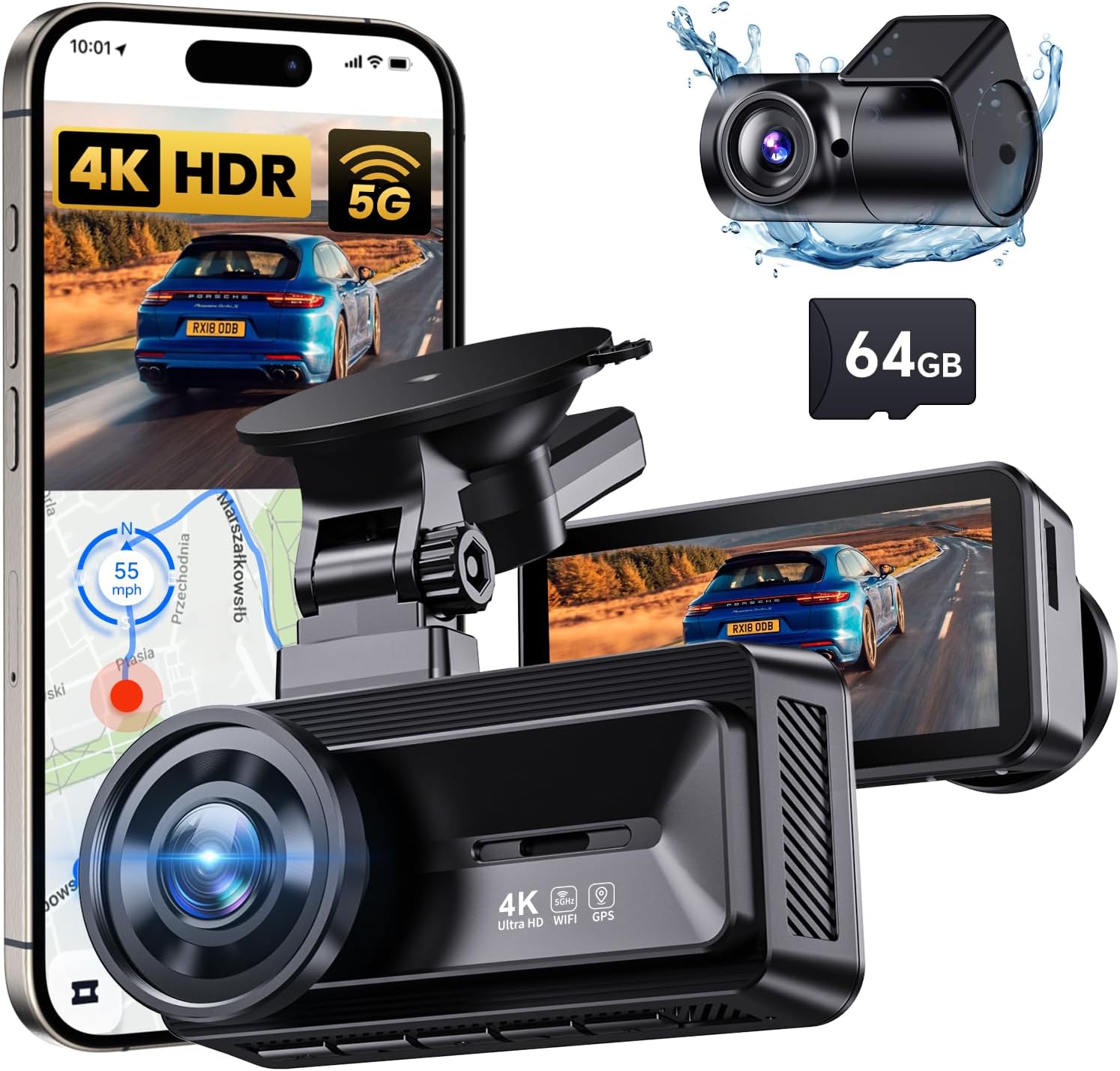 Dash Cam Front Rear: 4K+1080P Full HD Dashcam Free 64GB Card, with 5G WiFi GPS, Dual Dash Camera for Cars with 3" IPS Screen, Night Vision, HDR, App Control, 24H Parking Mode, Loop Record